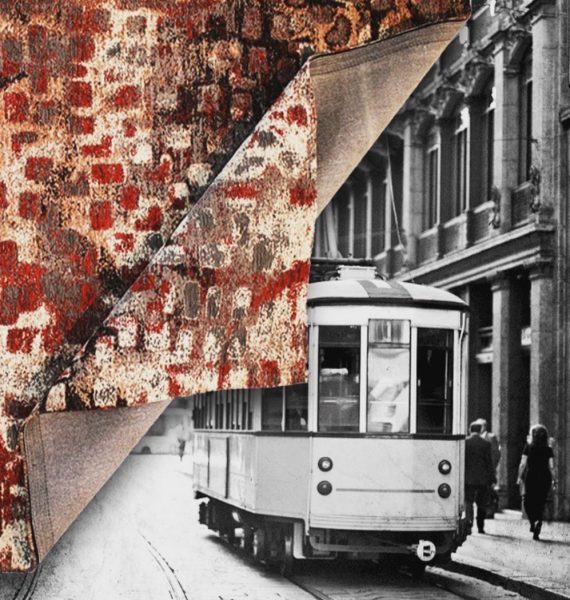 Tappeto moderno Artorient disteso su vecchia immagine in bianco e nero del tram di milano