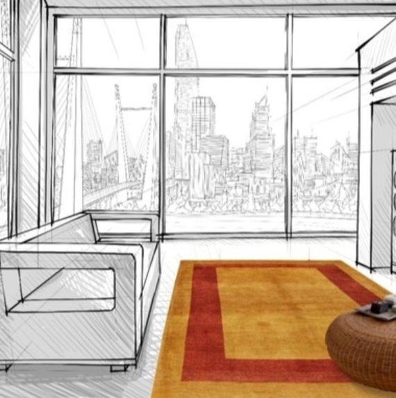 Rendering tappeto contemporaneo bilbao border oro e rosso in salotto moderno