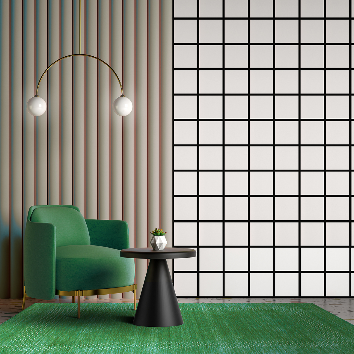 angolo lettura di salotto con tappeto monocolor verde