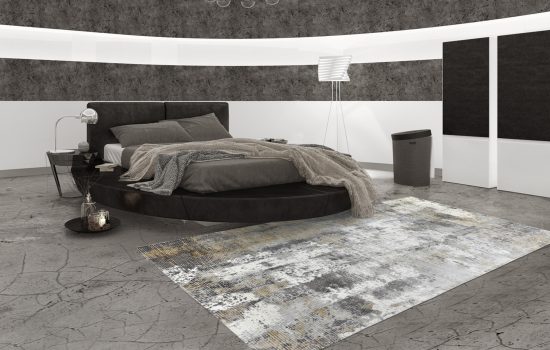 Tappeto moderno Imperial Arazi Home grigio, giallo e bianco in camera da letto minimalista grigio scuro antracite, bianco e enro