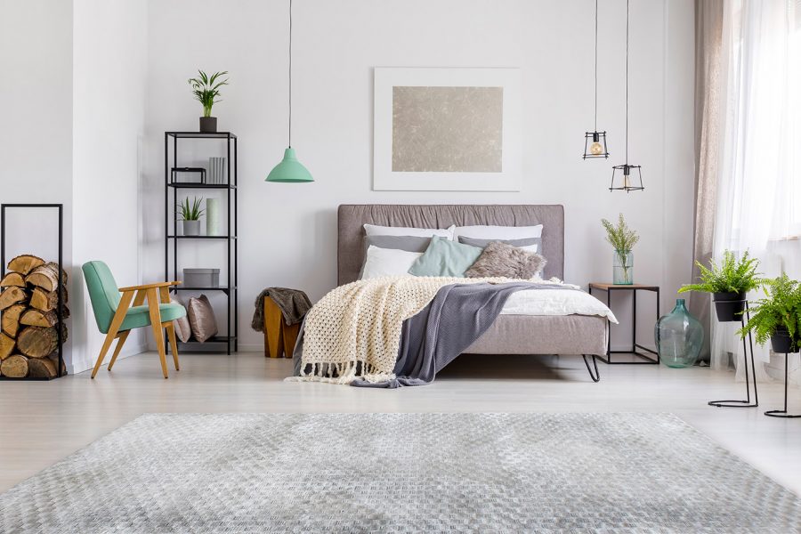 tappeto moderno grigio modello Ibiza in camera da letto