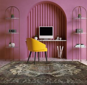 Tappeto orientale originale antico marrone e crema in ufficio moderno stile Vintage rosa e giallo