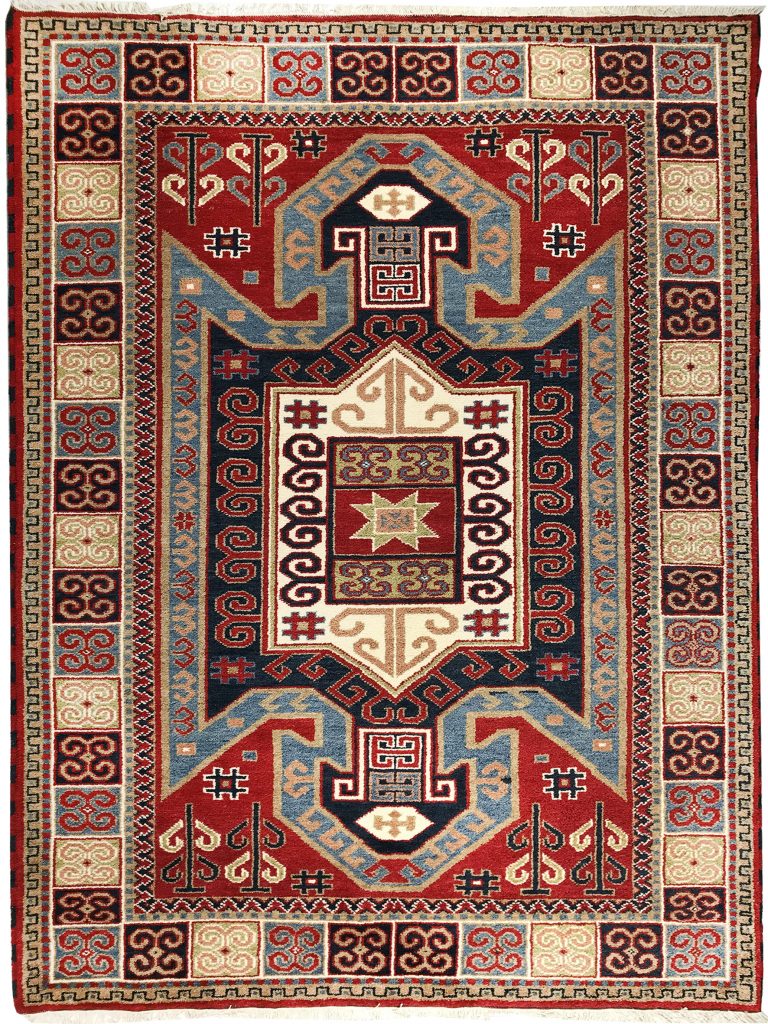 tappeto classico kazak tribale e geometrico, con motivi nomadi