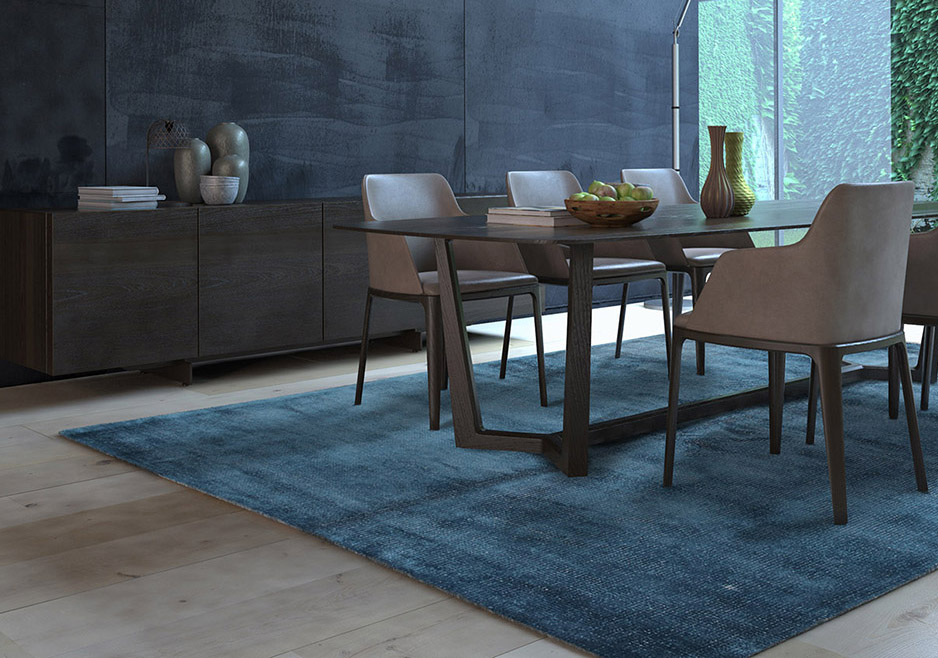 tappeto moderno monocolor minimalista blu in sala da pranzo come sottotavola