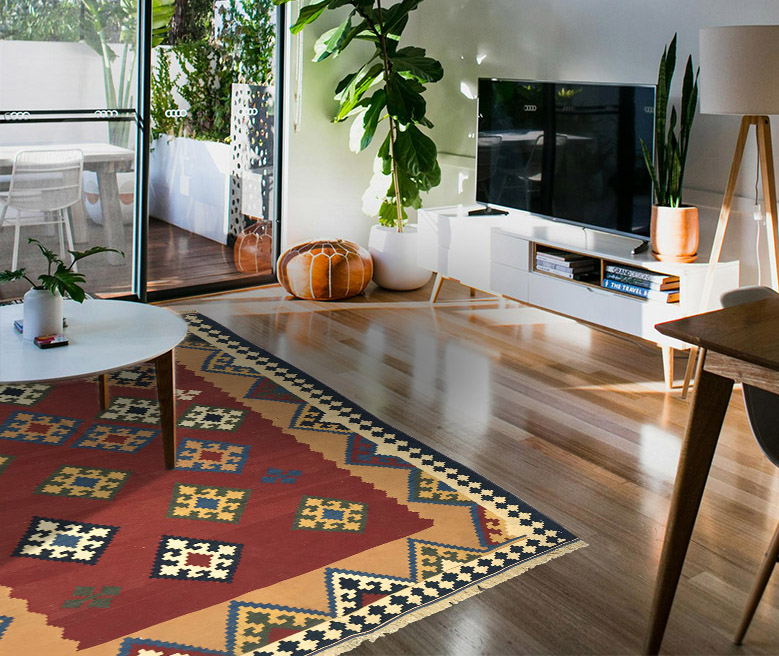 tappeto kilim moderno geometrico in soggiorno minimal