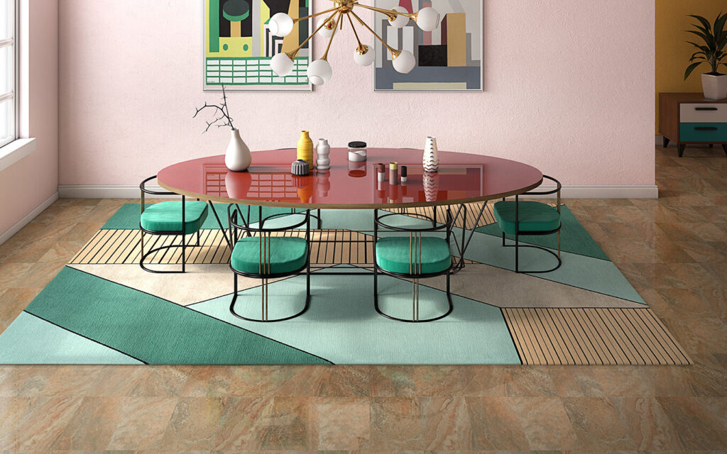 Tappeto contemporaneo Artorient linea Arazi Home Essential Lines verde, azzurro, crema e Oro, sotto tavolo rotondo in sala da pranzo stile vintage