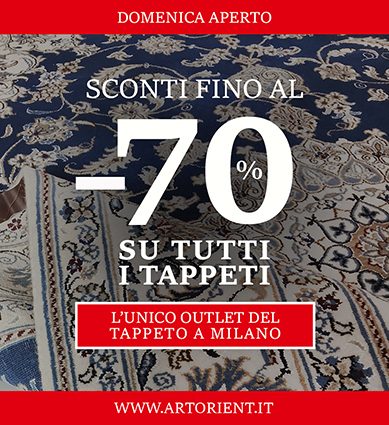 banner pubblicità ottobre speciale - sconti da artorient su tutti i tappeti (tappeti decorativi blu e bianchi a fiori come sfondo della scritta promozionale)