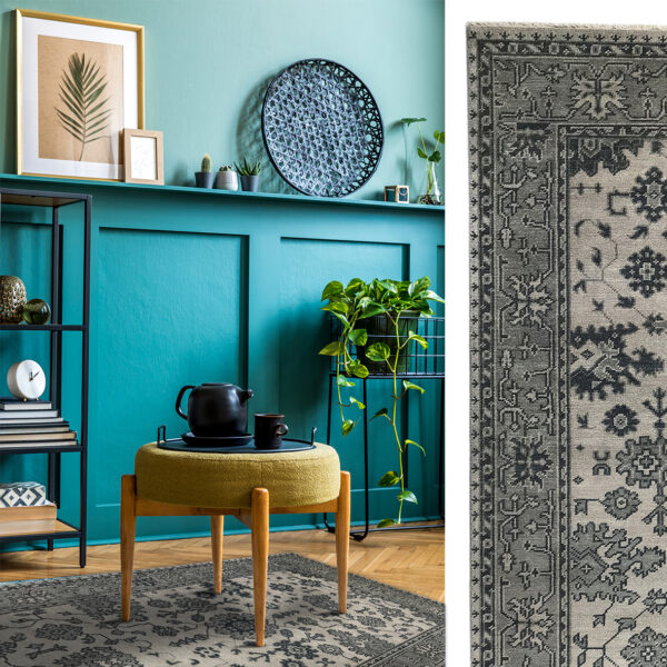 tappeto decorativo vintage in soggiorno moderno con boiserie